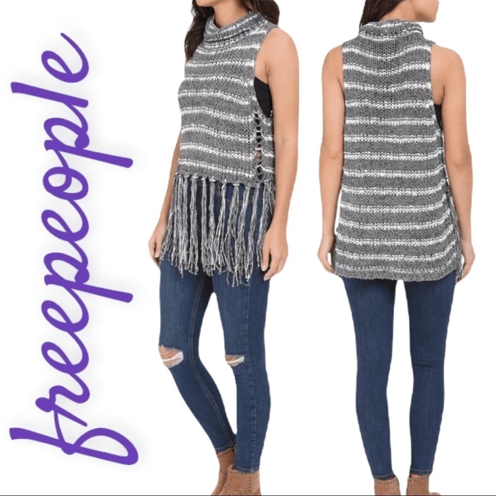 FREE‎ PEOPLE Folksong Fringe Knit Striped Cowl Neck Sleeveless Sweater, Small